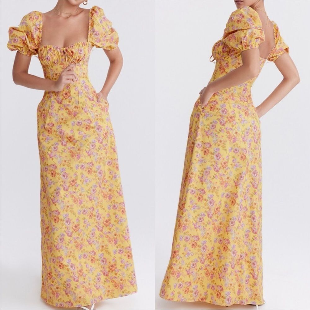 House of CB Maxi Dress Sz XS Yellow Floral Felizia Butter Print Puff Selene NEW